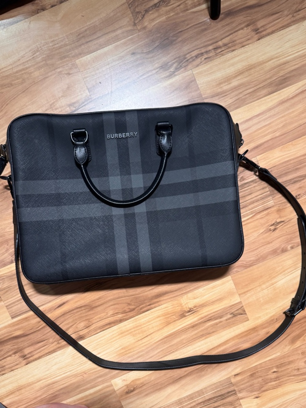 Burberry Black Check Leather Laptop Briefcase with Shoulder Strap. Used.